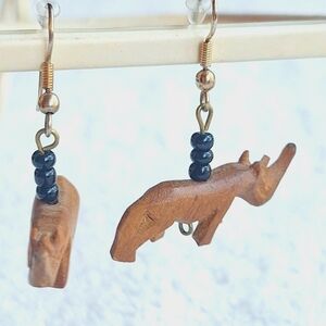 Handcrafted Vintage Wooden Lazuli (Rhinoceros Shaped) Earrings with Black Beads